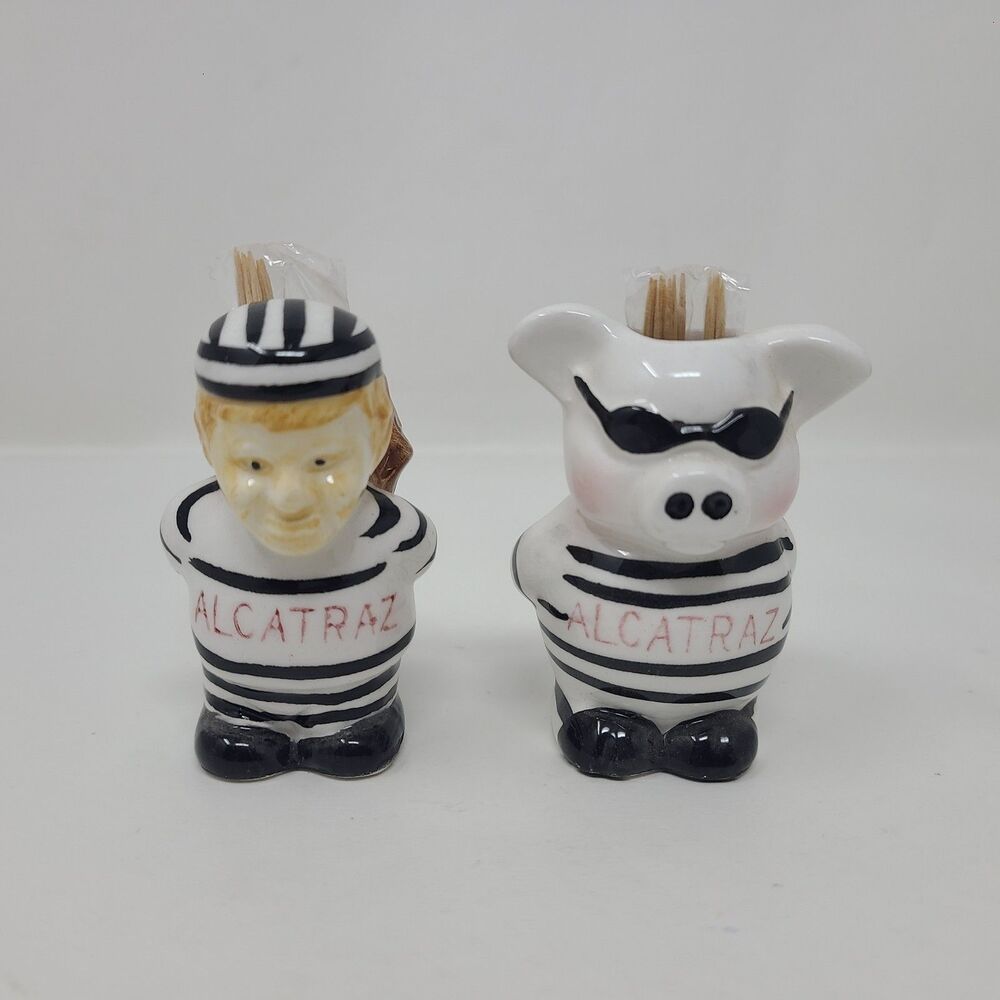 Vintage Alcatraz Prison + Pig Prisoner Collectible W/Toothpick Holders Set